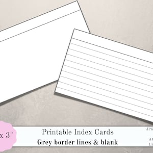 Fiches imprimables, cartes organisation ligné et vierge bords gris, 8 cartes imprimables journal, planificateur, cartes d'étudiant, PDF, JPG