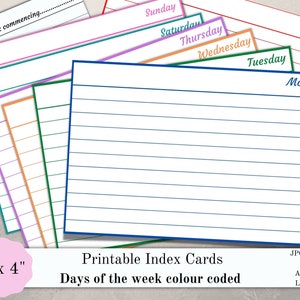 Printable index cards days of the week, 6"x4" organisation cards, planner cards, planner inserts, set of 8 cards, journal cards, PDF, JPG