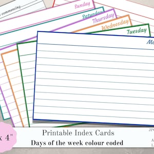 Tarjetas de índice imprimibles días de la semana, tarjetas de organización de 6"x4", tarjetas de planificación, inserciones de planificación, conjunto de 8 tarjetas, tarjetas de diario, PDF, JPG