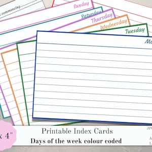 Printable index cards days of the week, 6"x4" organisation cards, planner cards, planner inserts, set of 8 cards, journal cards, PDF, JPG