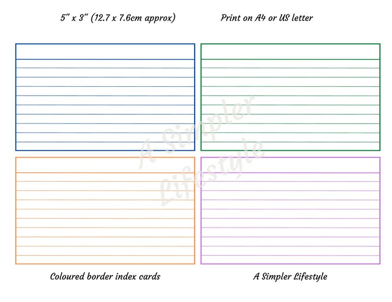 Printable Index Cards With Coloured Borders, 5x3 Organisation Cards