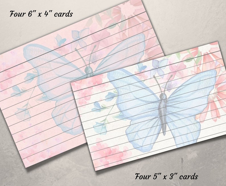 Printable Index Cards 6x4 and 5x3, Butterfly Cards, Set of 8 Cards