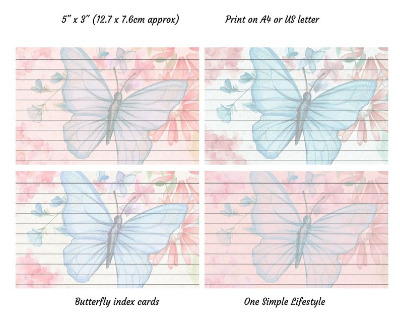 Printable Index Cards 6x4 and 5x3, Butterfly Cards, Set of 8 Cards