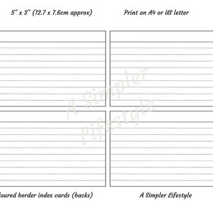 Printable Index Cards With Coloured Borders, 5x3 Organisation Cards ...