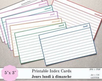 May include: Printable index cards in various colors with French days of the week written on each card. The cards are 5 inches by 3 inches and are designed for use as a weekly planner.
