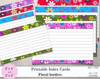 Index cards printable 6x4" and 5x3", floral border task cards, set of 8 cards, journal cards, recipe, organisation, student cards, PDF, JPG
