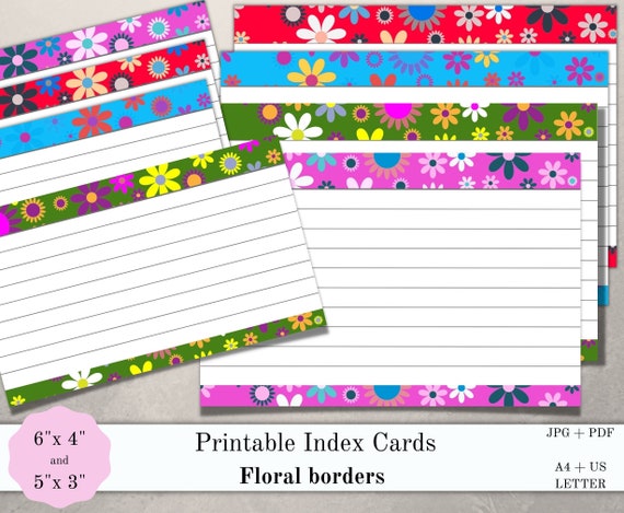 Index Cards Printable 6x4 and 5x3 Floral Border | Etsy