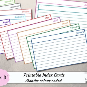 Afdrukbare indexkaarten maanden januari tot december, 5"x3" organisatiekaarten, plannerkaarten, set van 12 planner-inserts, dagboekkaarten, PDF, JPG