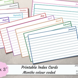 Printable index cards months January to December, 5"x3" organisation cards, planner cards, set of 12 planner inserts, journal cards, PDF,JPG