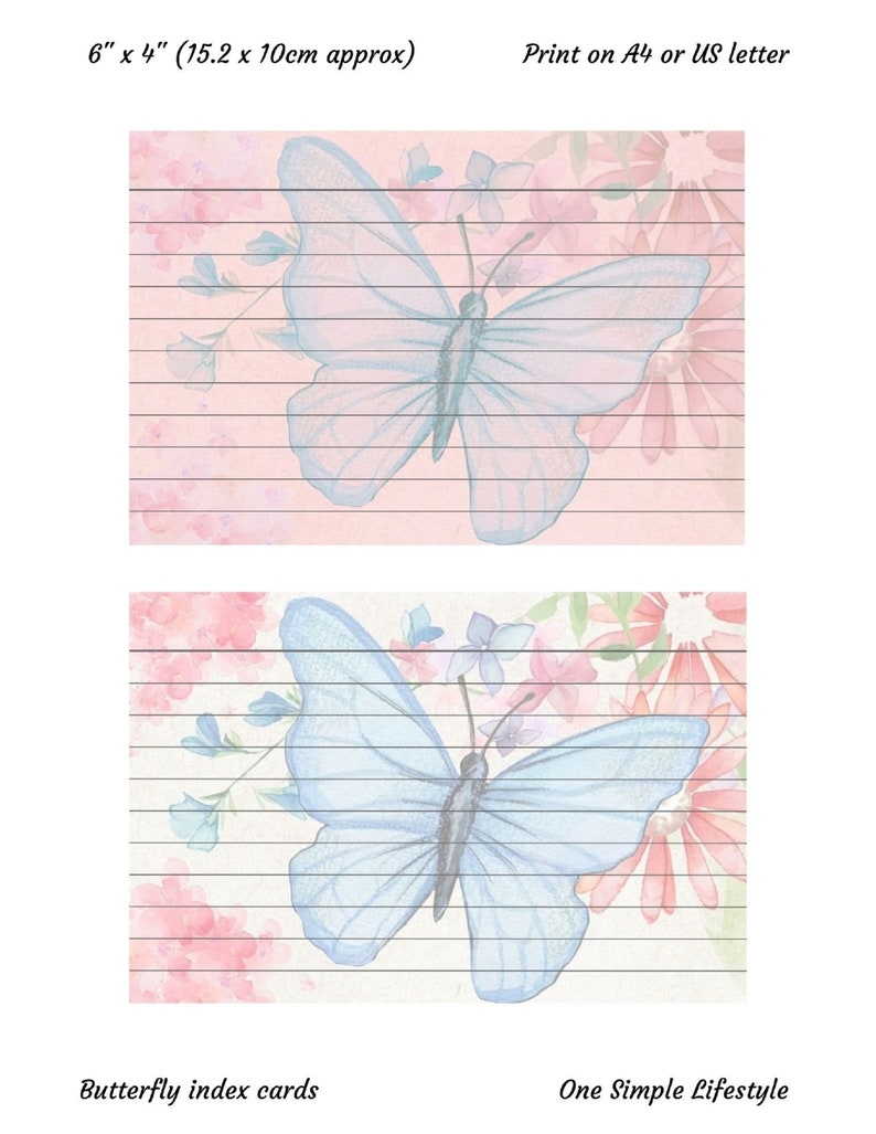 Printable Index Cards 6x4 and 5x3, Butterfly Cards, Set of 8 Cards