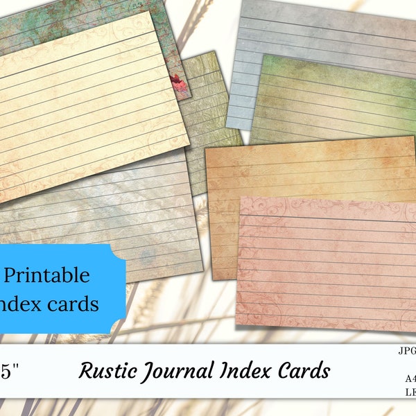 Printable rustic journal index cards, 3x5" index cards for journals, scrapbooking cards, organisation cards, shabby grunge record cards