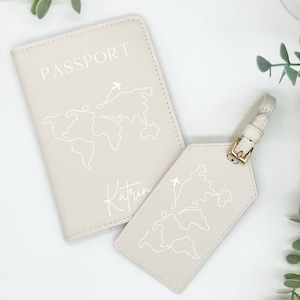 Passport cover personalized world map + names ⎢Gift vacation ⎢Cover and luggage tag⎢Vanilla ⎢World trip ⎢Camping