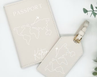 Passport cover personalized world map + names ⎢Gift vacation ⎢Cover and luggage tag⎢Vanilla ⎢World trip ⎢Camping