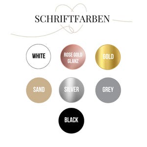 May include: A chart of font colour options for a design project. The colours include white, rose gold, gold, sand, silver, grey, and black.