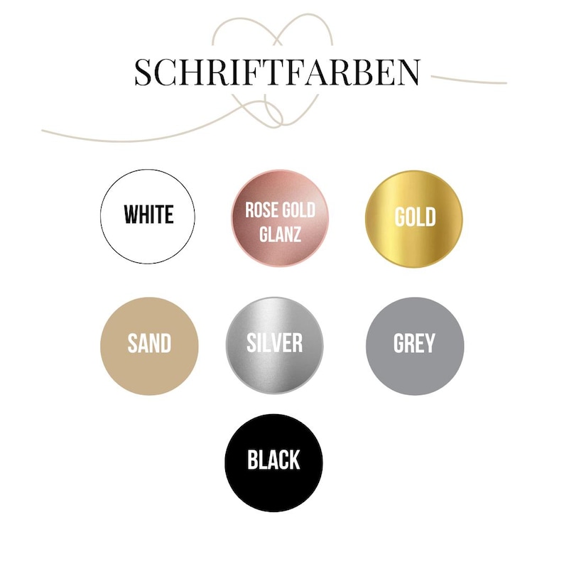 May include: A chart of font colour options for a design project. The colours include white, rose gold, gold, sand, silver, grey, and black.