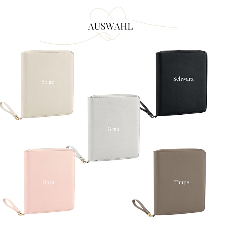 May include: Five different coloured zippered pouches with a gold zipper pull. The pouches are beige, grey, pink, taupe, and black. Each pouch has a different colour word printed on the front: Beige, Grau, Rosa, Taupe, and Schwarz.
