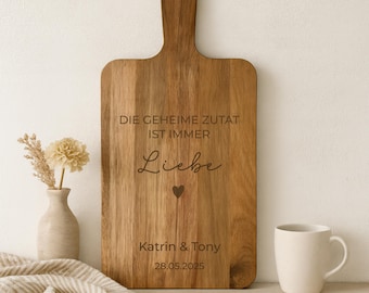 Personalized acacia wood cutting board with "Love" engraving, wooden board with names & date, wedding gift for couples, housewarming gift, serving board
