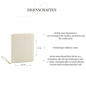 May include: A white leather travel organiser with a zipper closure. It measures 22 cm wide and 23 cm tall. The organiser has a heart-shaped design on the front and the text "EIGENSCHAFTEN" at the top. The text below the organiser describes its features, including its use for organising documents, travel, and medical appointments.