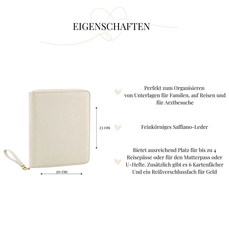 May include: A white leather travel organiser with a zipper closure. It measures 22 cm wide and 23 cm tall. The organiser has a heart-shaped design on the front and the text "EIGENSCHAFTEN" at the top. The text below the organiser describes its features, including its use for organising documents, travel, and medical appointments.