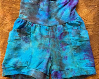 Ice Dyed Organic Pocket Shorts Yoga Stretch Hemp Handmade Small in Lagoon