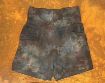 Ice Dyed Organic Pocket Shorts Yoga Stretch Hennep Handgemaakt Medium in Deep Forest