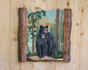 Bears in the Sunset Framed Intarsia Wood Wall Art, Bears in the Sunset Framed Intarsia Wood Art, Bears in the Sunset Framed Wall Hanging Art