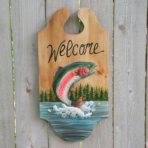 Welcome Trout, Rainbow Trout Wall Art, Rainbow Trout Intarsia Art, Trout Cabin Decor, Fishing Decor, Trout Hanging Art, Handcrafted Wall Art