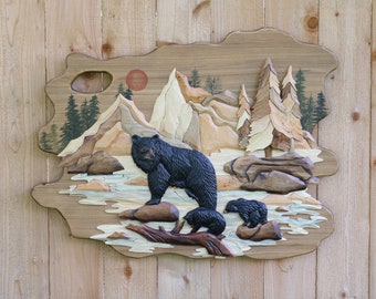 Bear Family in the River Intarsia Wood Wall Art, Bear Family in the River Wall Cabin Décor, Bear Family in the River Home Décor