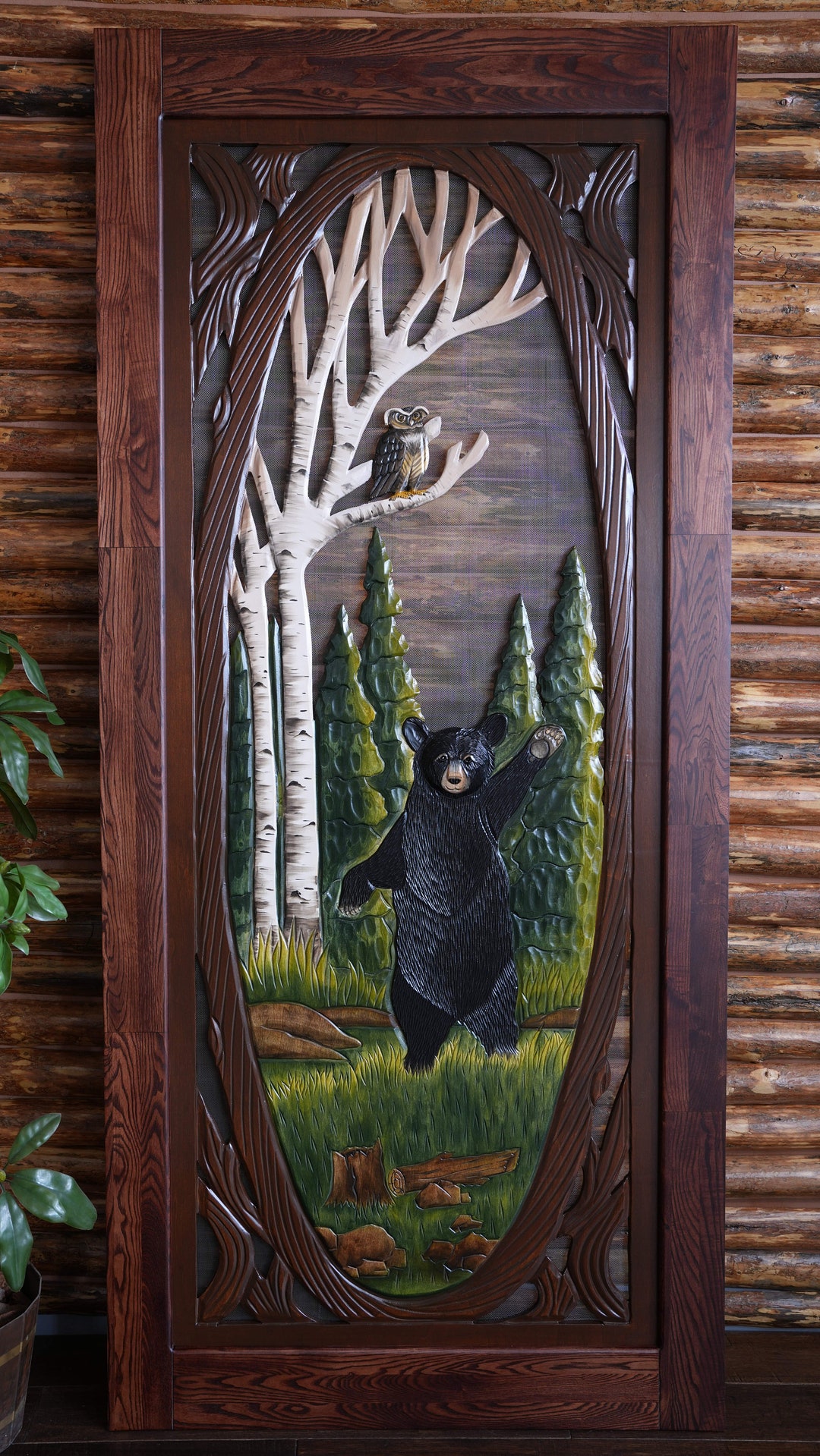 Bear Waving Screen Door, Bear Pine Screen Door, Handmade Bear Screen
