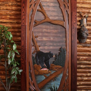 Bear Fishing Screen Door, Bear Fishing Pine Screen Door, Bear Fishing by the River Screen Door, Bear Fishing by the River Pine Screen Door