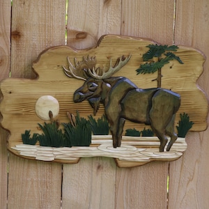 Handcrafted Intarsia Wall Art with Moose by Lake, Rustic Cabin Decor