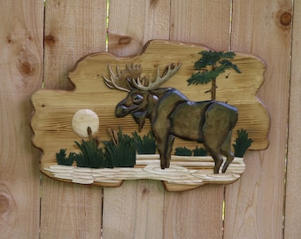 Moose Standing in Water Intarsia Wood Wall Art, Moose Standing in Water Intarsia Wood Art, Moose Standing in Water Intarsia Wall Hanging Art