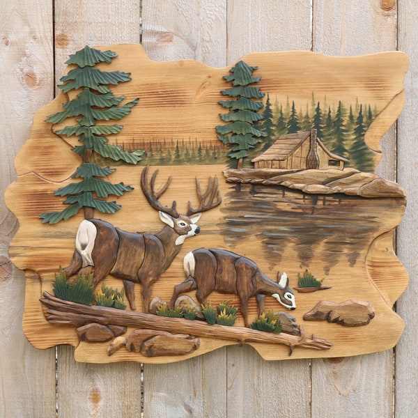 Deer Family Intarsia Wall Art, Deer Family Wood Art, Deer And Cabin Wall Art, Cabin Décor, Deer Family Hanging Art, Handcrafted Deer Art