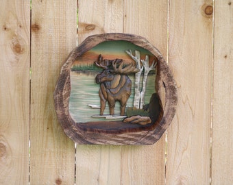 Moose in the Water Wood Wall Art, Moose in the Water Wood Art, Moose in the Water Hanging Art, Moose in the Water Intarsia Wood Art