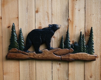 Bear Trees Intarsia Wood Wall Art, Bear Trees Intarsia Wood Art, Bear Trees Wall Hanging Art, Bear Trees Wood Art