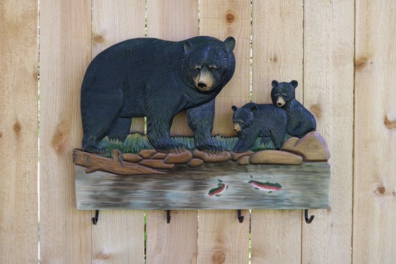 Mama Bear & Cubs Carved Wood Coat Rack