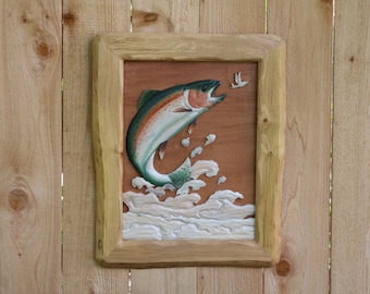 Rainbow Trout Jumping Intarsia Wood Wall Art, Rainbow Trout Jumping Intarsia Wood Art, Rainbow Trout Jumping Intarsia Wall Hanging Art