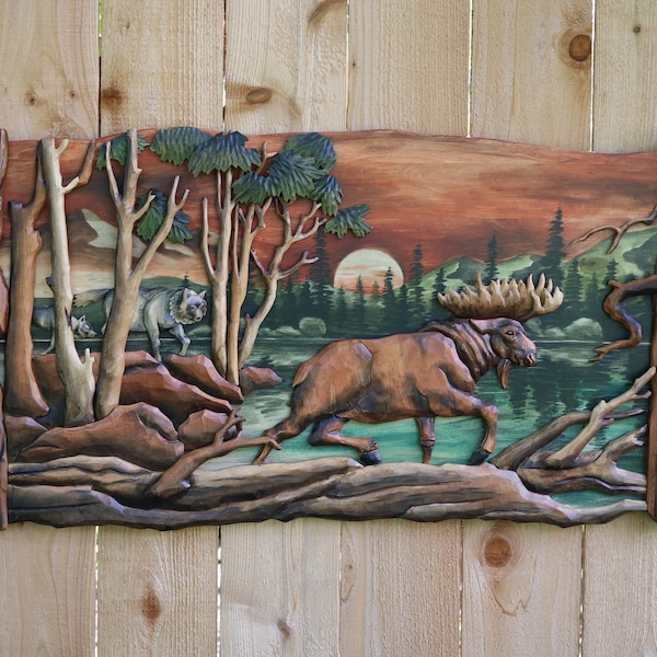 Moose and Wolf Intarsia Wood Wall Art, Moose and Wolf Intarsia Wood Art, Moose and Wolf Intarsia Wall Hanging Art