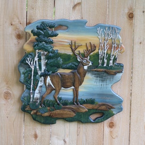 Intricate Deer Scenic Intarsia Wood Wall Décor Handmade