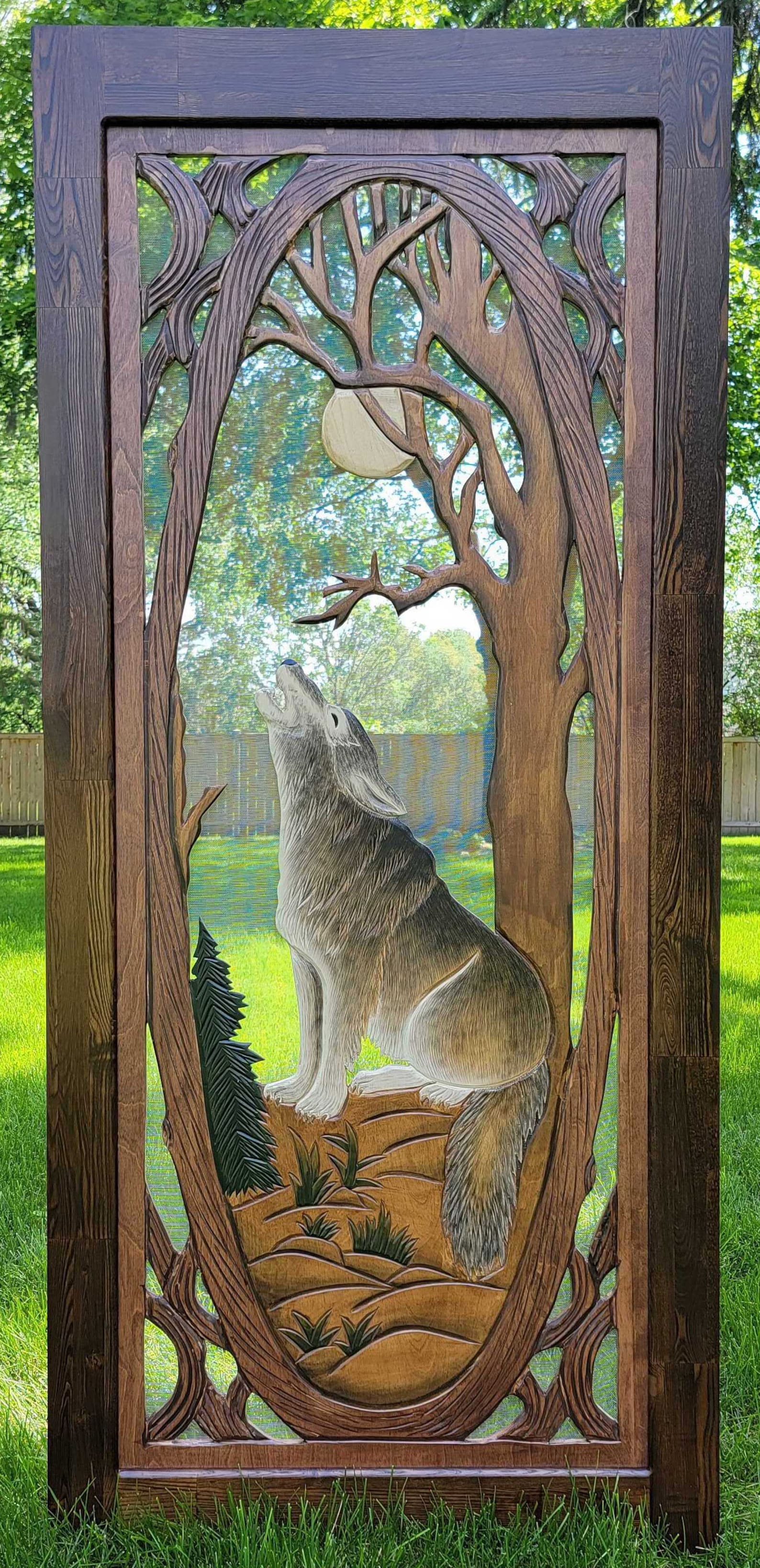 Wolf Screen Door, Wolf Pine Screen Door, Handmade Wolf Screen Door
