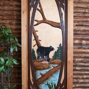Bear Fishing Pine Door, Handmade Pine Door, Handcrafted Pine Door, Bear Fishing Solid Door, Bear Cabin Door, Rustic Pine Door, Interior Door