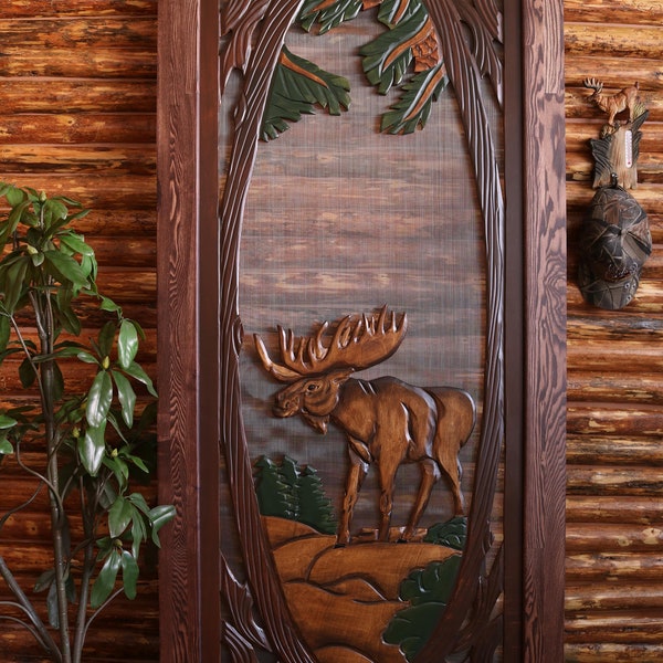 Moose Screen Door, Moose Pine Screen Door, Moose Frolicking Screen Door, Moose Frolicking Pine Screen Door