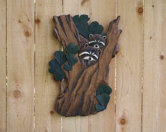 Raccoon Family in Tree Wood Wall Art, Raccoon Family in Tree Wood Art, Raccoons in Tree Hanging Art, Raccoons in Tree Intarsia Wood Art