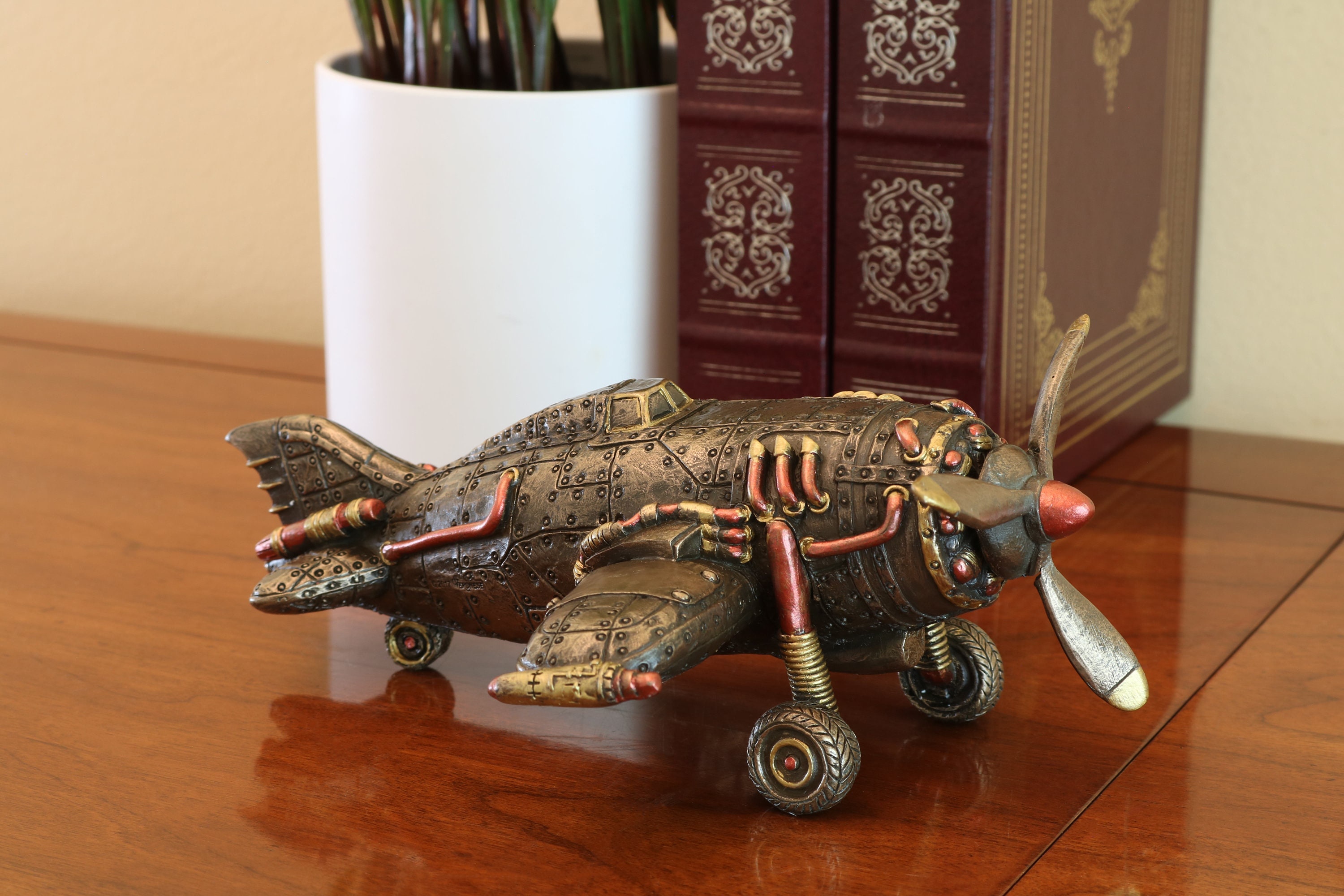 Handmade Steampunk Airplane, Steampunk Jet, Airplane Figurine, Bronze Jet, Vintage Airplane Decor, Vintage Jet Decor, Jet Figurine