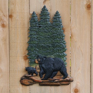 Pine Tree Forest Wall Art, Bear And Cub in Pine Tree Forest, Pine Tree Forest Cabin Decor, Pine Tree forest Intarsia Wall Art, Bear and Cub