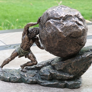 Sisyphus And The Eternal Boulder, Bronze Sisyphus Statue, Greek Mythology Statue, Greek Mythology Decor, Sisyphus Office Decor