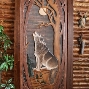 Wolf Screen Door, Wolf Pine Screen Door, Handmade Wolf Screen Door, Handcrafted Screen Door, Wolf Cabin Screen Door