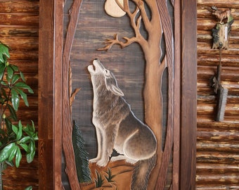 Wolf Screen Door, Wolf Pine Screen Door, Handmade Wolf Screen Door, Handcrafted Screen Door, Wolf Cabin Screen Door