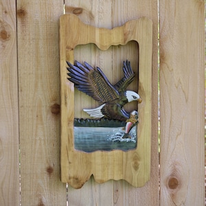 Flying Eagle Holding Fish Intarsia Wood Wall Art, Flying Eagle Holding Fish Intarsia Wood Art, Flying Eagle Holding Fish Wall Hanging Art