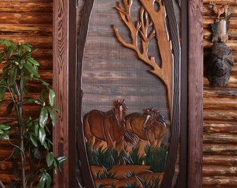 Horses Screen Door, Horses Pine Screen Door, Horses Grazing Screen Door, Horses Grazing Pine Screen Door